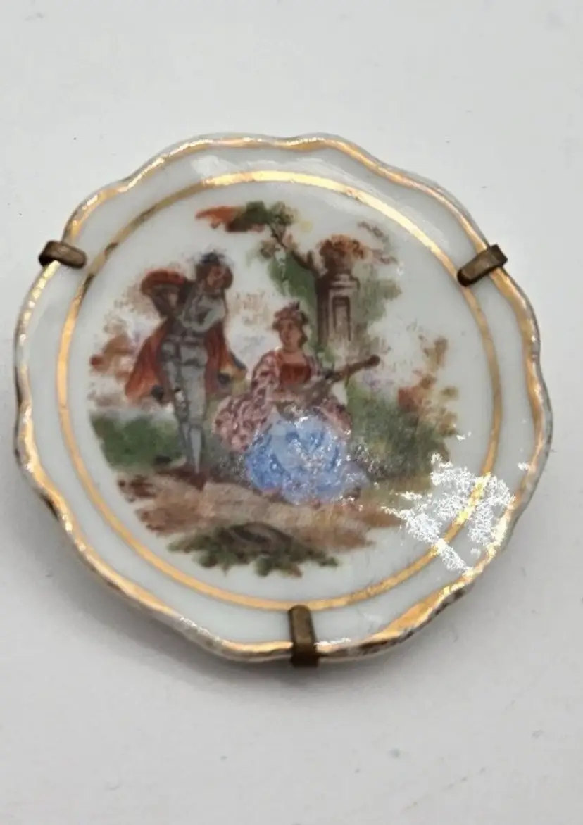 Vintage LIMOGES Porcelain Hand Painted Victorian Courting Couple Brooch ~ Stamped On Back ~ Trombone Clasp