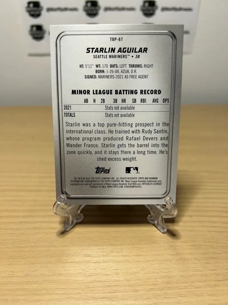 Starlin Aguilar 2022 Bowman Platinum Blue Parallel /150 Top Prospects Seattle Mariners #TOP-67