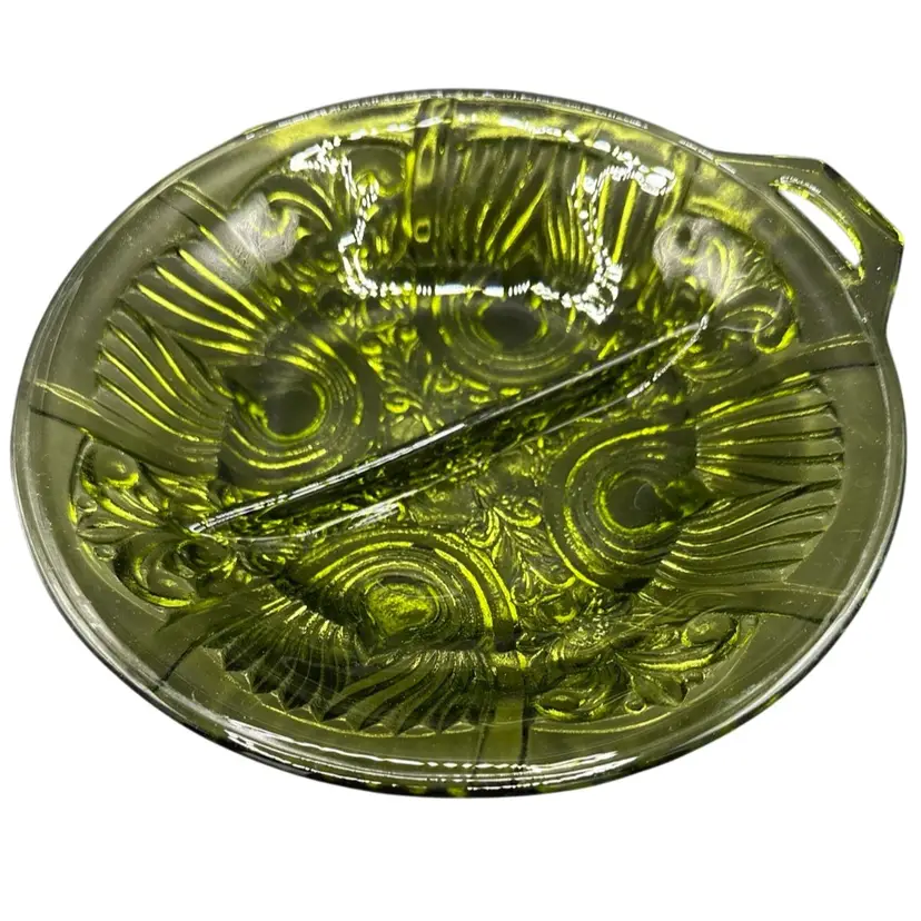 Vintage Indiana Glass Divided Relish Bowl Killarney Avocado Green Single Handle