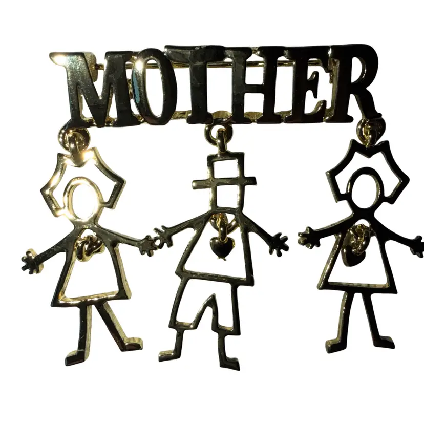 NOS Vintage 1990s AJC Gold Tone Mother Children Silhouette W/Hearts Brooch Pin