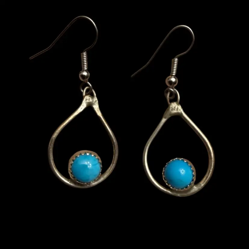 Stamped Artist vintage sterling silver teardrop dangle earrings with a round turquoise
