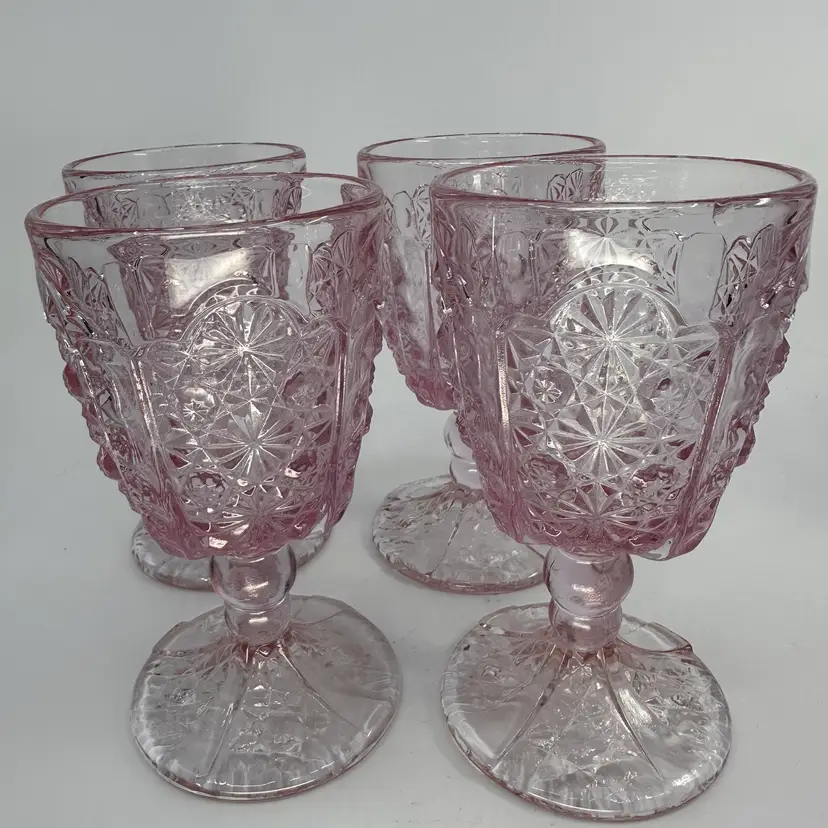 LG Wright Pink Glass Daisy And Button 6” Wine Goblets Set/4