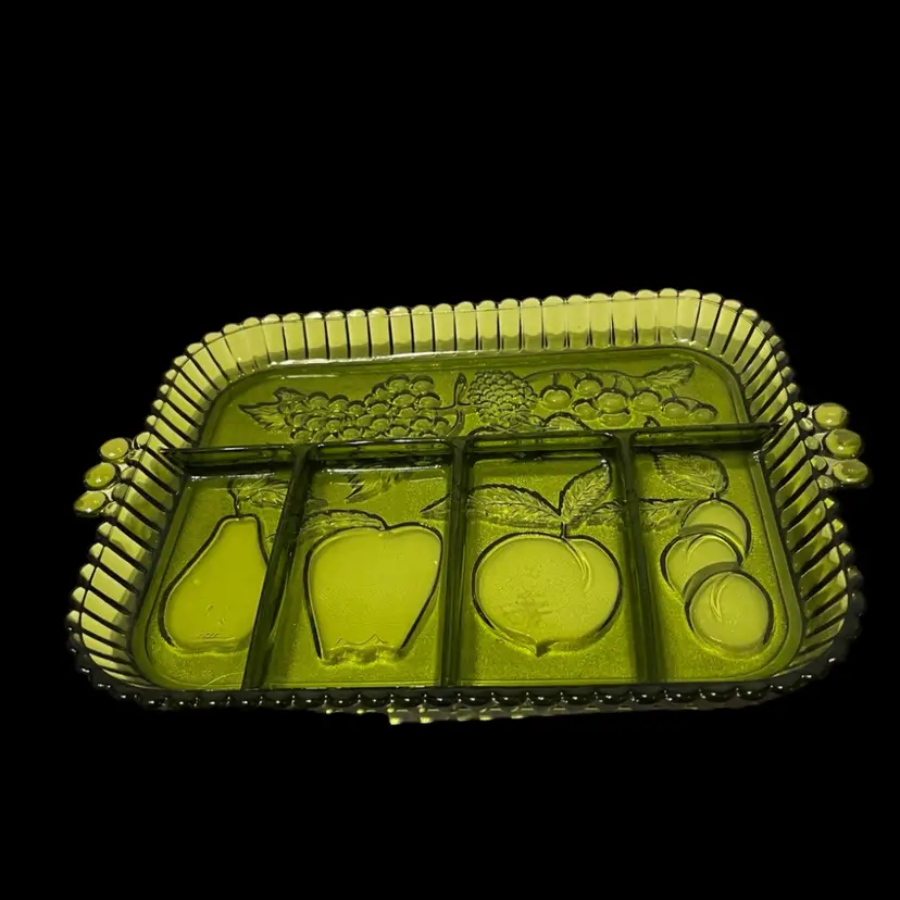 Vintage 5 PART RELISH TRAY  Avocado Green INDIANA GLASS Vegetable/Fruit  Serving Tray 12”x 9”x 1”
