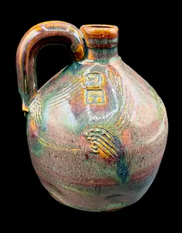 Signed WT Vintage Studio Art Pottery Handle Jug Drip Glaze Brown Gray Blue 5.75”