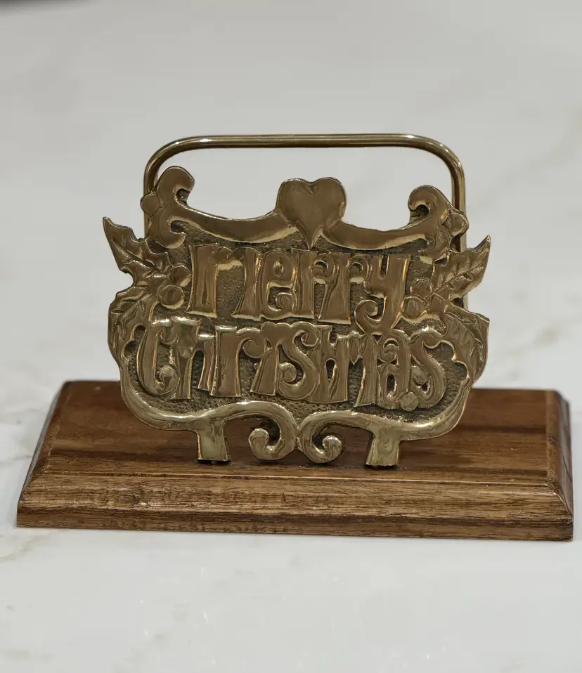 Merry Christmas Brass Book Holder/ Napkin Holder with Wood Base