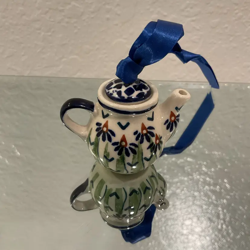🎉Mini Polish Pottery Blue Teapot Ornament