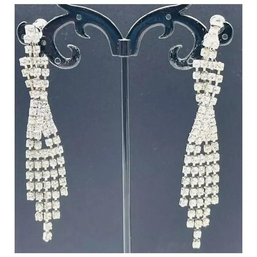 Vintage Twisted Rhinestone Dangle Earrings Silver Tone Clip On 3.5 inch 13411