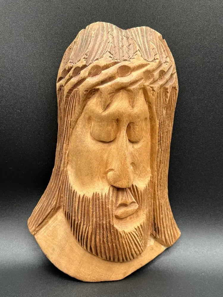 Serene Hand Made Carved Wooden Bust of Jesus Wall Decor 8.5”