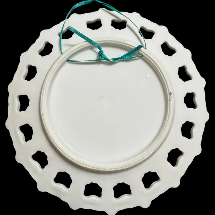 Kitschy Vintage Hand Painted Porcelain Decorative Plate with Ribbon To Hang