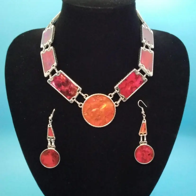 Vintage Red and Orange Coral Statement Necklace and Earring Set