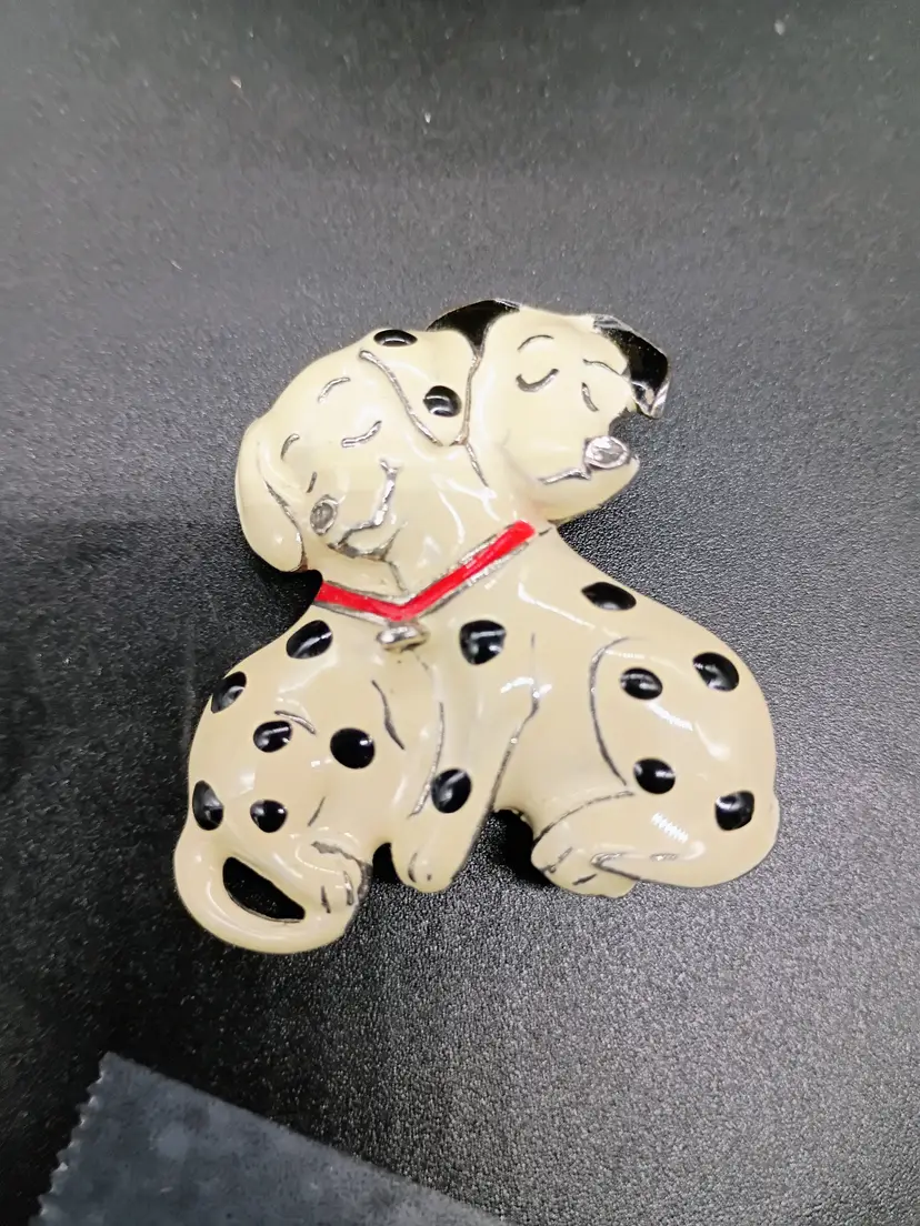 KERISSA Silver Tone Hugging Dalmatians Dog Puppy Pin Brooch Vintage 1990's.