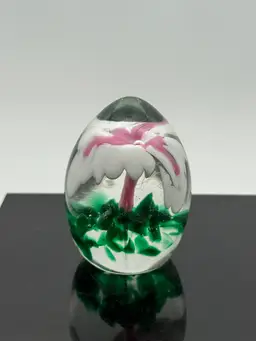 21. Elwood Indiana Pink/White Flower Burst Art Glass Egg Paperweight Stamped