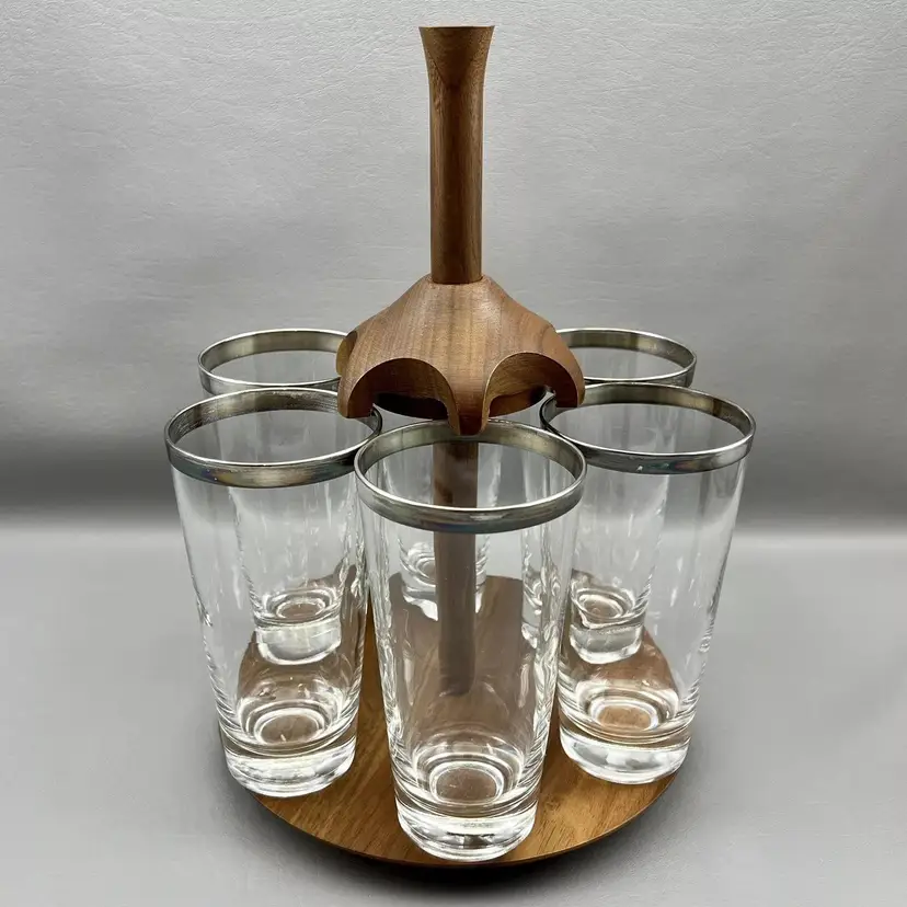 Vintage MCM 6 Glass Barware Drink Glass Silver Rim With Solid Walnut Lazy Susan Display