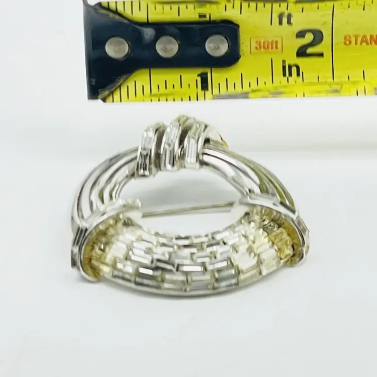 COROCRAFT Brooch Silver Tone Baguette Rhinestone Woven Basket Weave Vintage Pin 11919