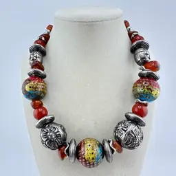 Artisan Multicolor Ceramic Chunky Carnelian Beaded Silver Tone 20” Statement Necklace