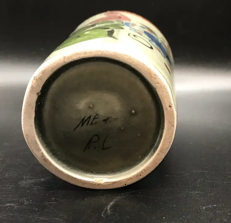 Tonala Mexico signed cylinder vase w bird