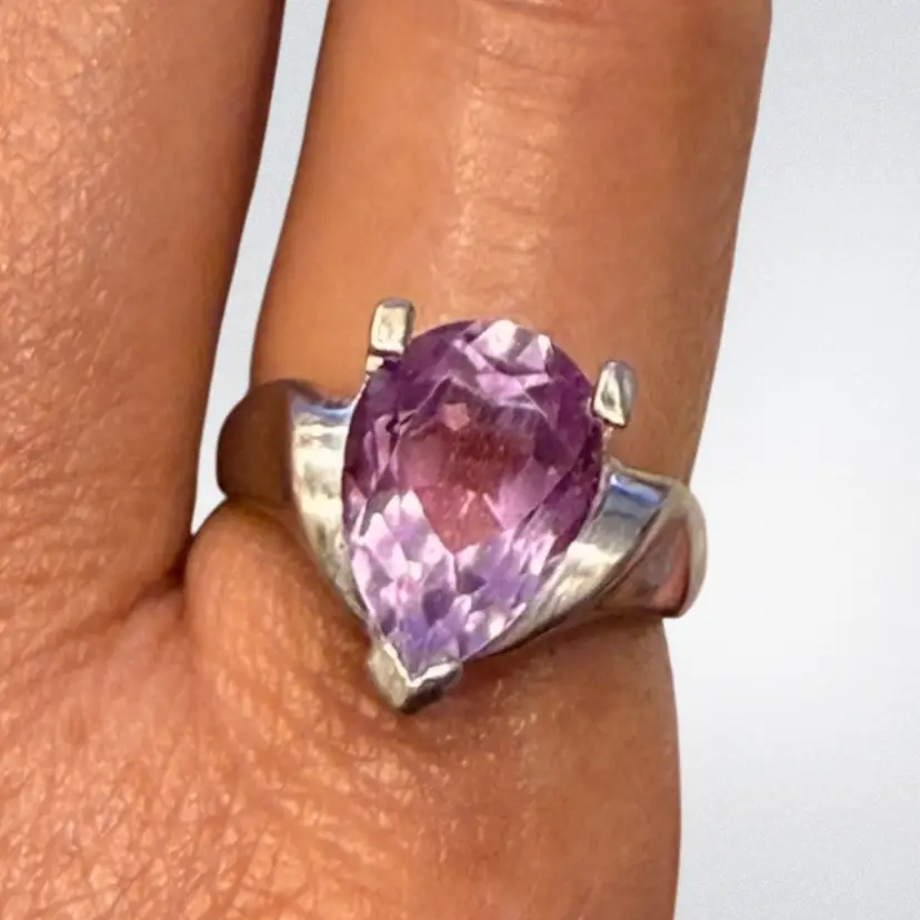 Vintage Chunky Modernist 925 HAN Sterling Silver Pear Shaped Amethyst Ring Size 6.75,