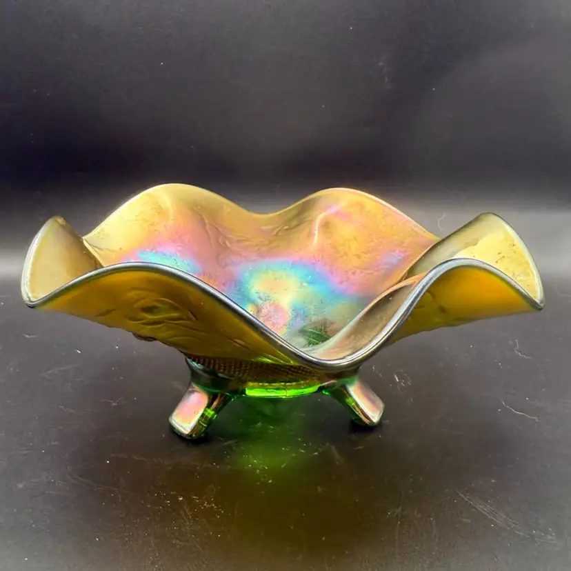 Northwood Green Iridescent Carnival Glass "Fine Cut and Roses" Footed Bowl