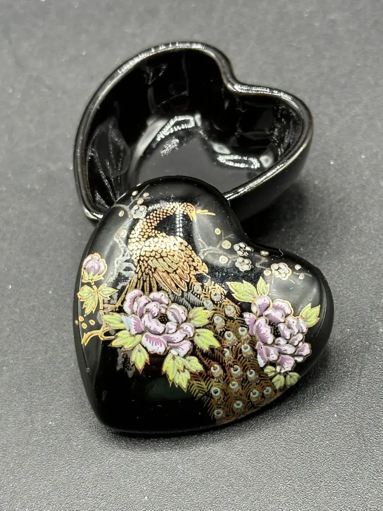 Vintage Black Heart Shaped Peacock little trinket dish