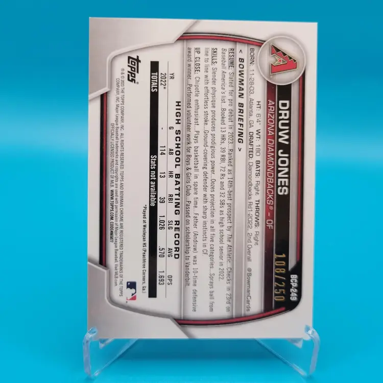 Druw Jones 2023 Bowman Chrome Baseball Card Purple Refractor 108/250 Arizona Diamondbacks