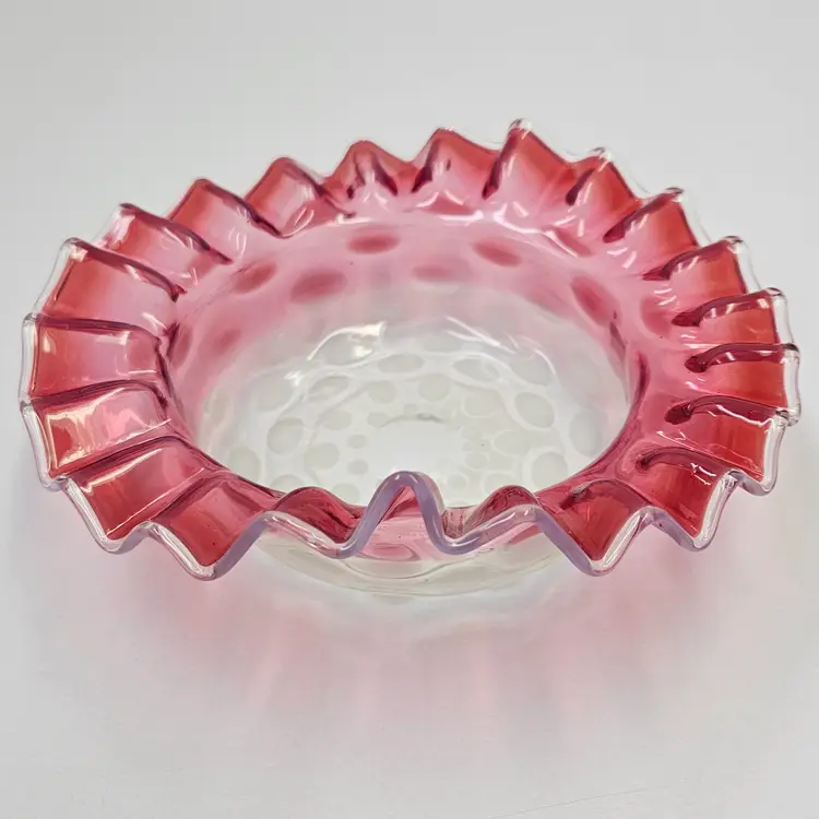 Antique Hobbs Glass Opalescent Coin Dot Cranberry Rim Dish Bowl Hand Blown