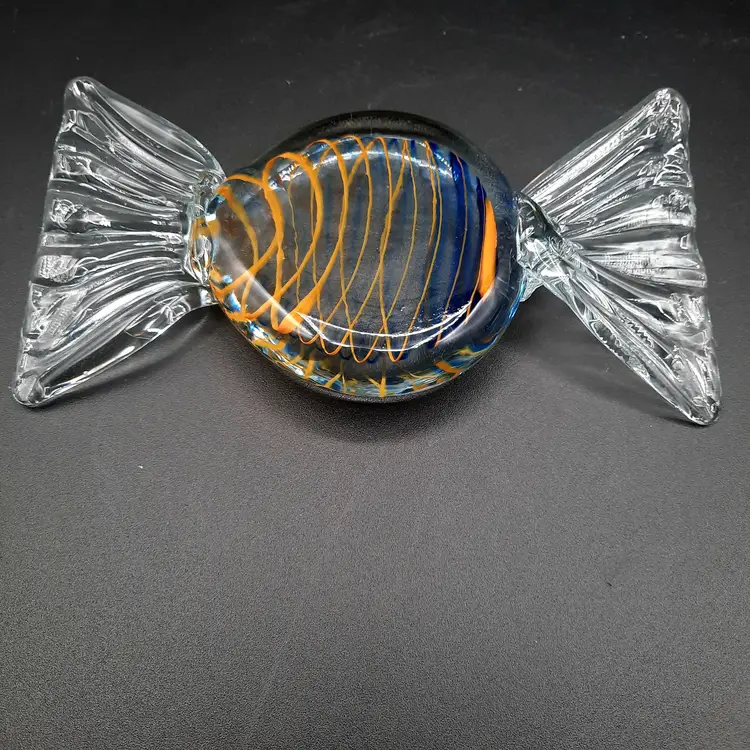 Vintage Large Handblown Glass Candy  Paperweights Christmas Orange Blue Swirl Set Of 2