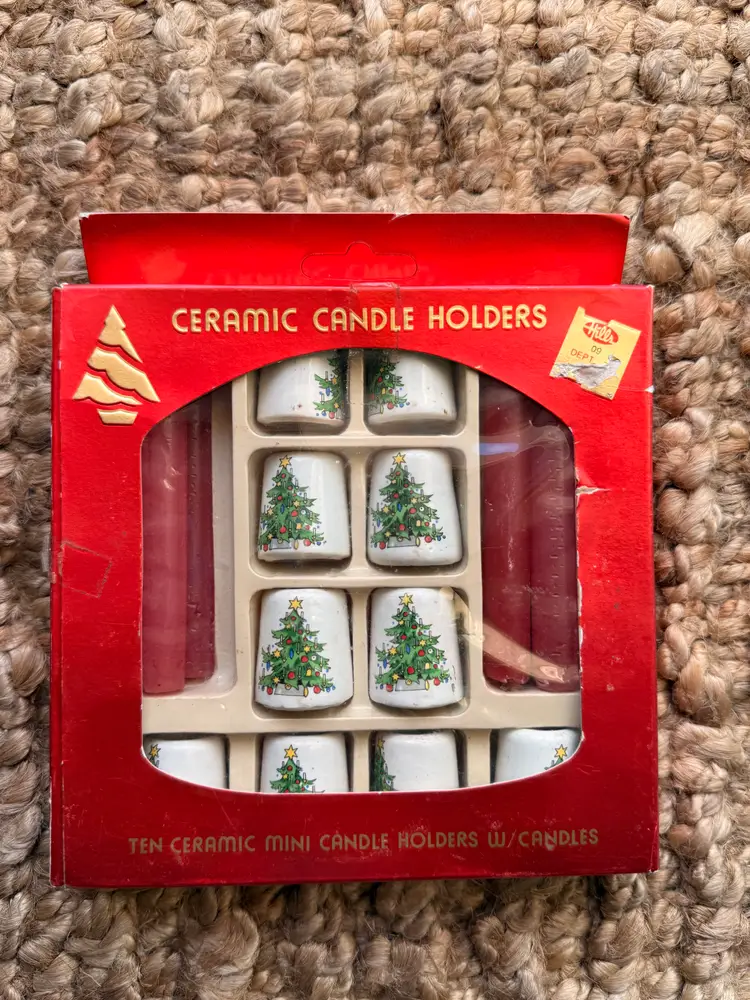 Vintage Ceramic Christmas Tree Mini Candle Holders in Original Box with Unused Candles, Made in Taiwan