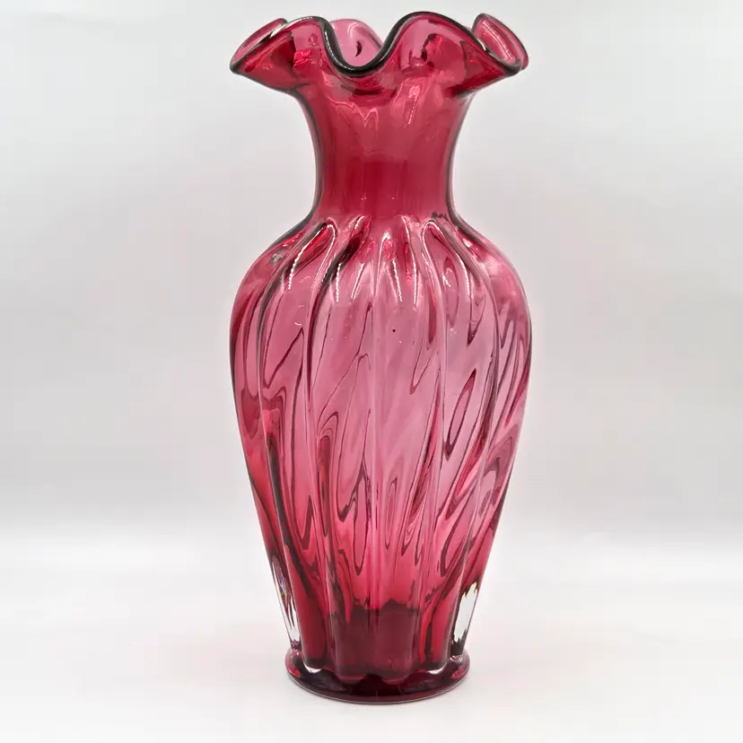 Fenton Country Cranberry Glass Vase Crimped Rim Pink Art Glass