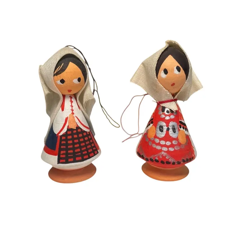 Handmade Folk Art (Yugoslavia) Set of 2 Wooden Girl Christmas Ornaments