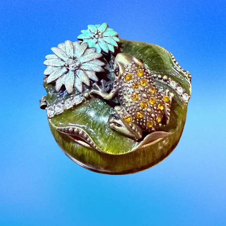 Vintage Rhinestone Enamel Frog Floral Trinket Box