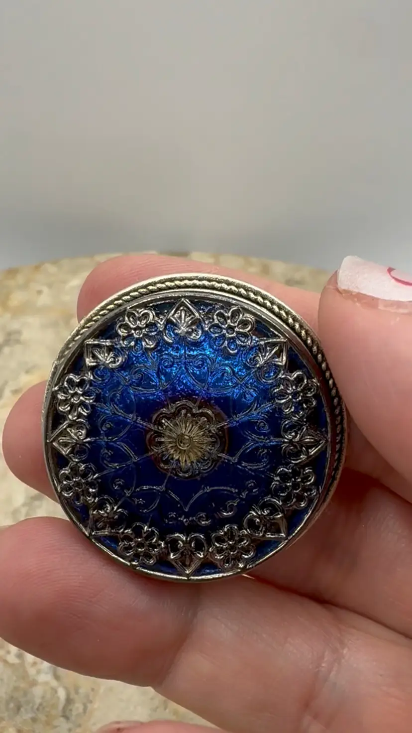 Vintage Silver Tone Hand-Painted Czech Glass Brooch