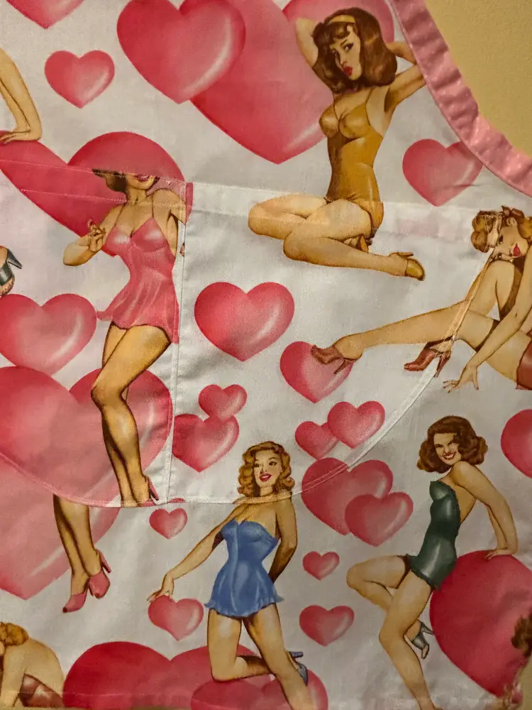 “Cooking with Heart” Apron – Alexander Henry Pink Pin-Up Print, Handmade Retro Romance