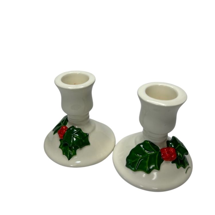 #02 - Lilian Vernon Korea Ceramic Set Of 2 White With Holly Candle Holders