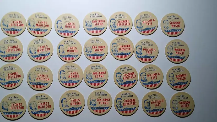 Lot Of 28 Vintage US President Milk Bottle Caps 7 Different Patriotic Jefferson