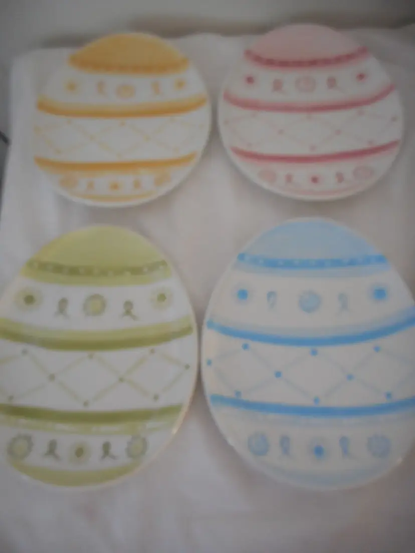 Pottery Barn Easter 8" Egg Plate 4Pc Set Pink Blue Green Yellow Spring Embossed