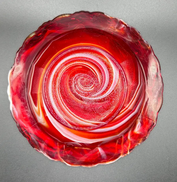 Imperial Slag Glass Round Butter, Candy, Trinket Dish with Lid Red Orange White