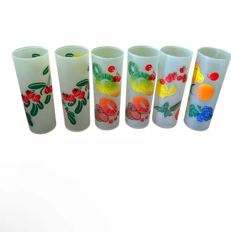 1950's Federal Glass Frosted Zombie Fruit Tom Collins Glasses Set of 6 Retro Bar Ware