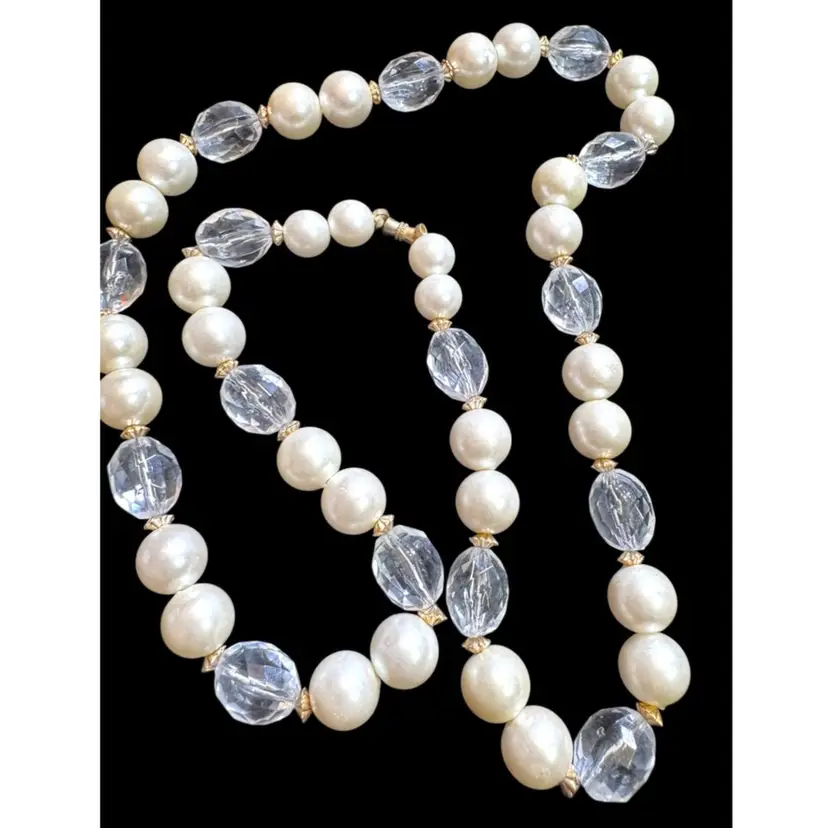 Vintage Faux Pearl & Crystal Bead Necklace 26”