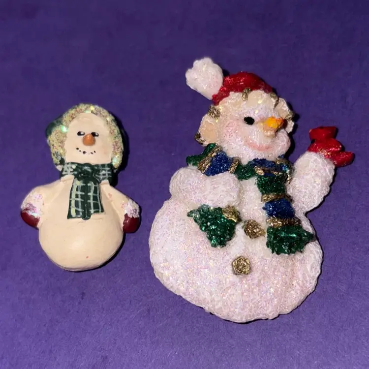 Lot Of 2 Vintage Christmas Snowman / Snow People Brooches ~ One Holding A Cardinal