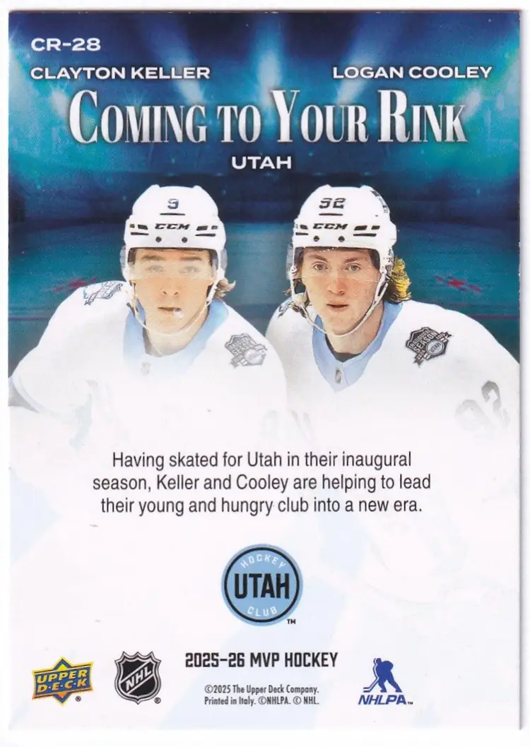 2025-26 Upper Deck MVP Coming to Your Rink #CR28 Clayton Keller / Logan Cooley Utah Mammoth Hockey Card