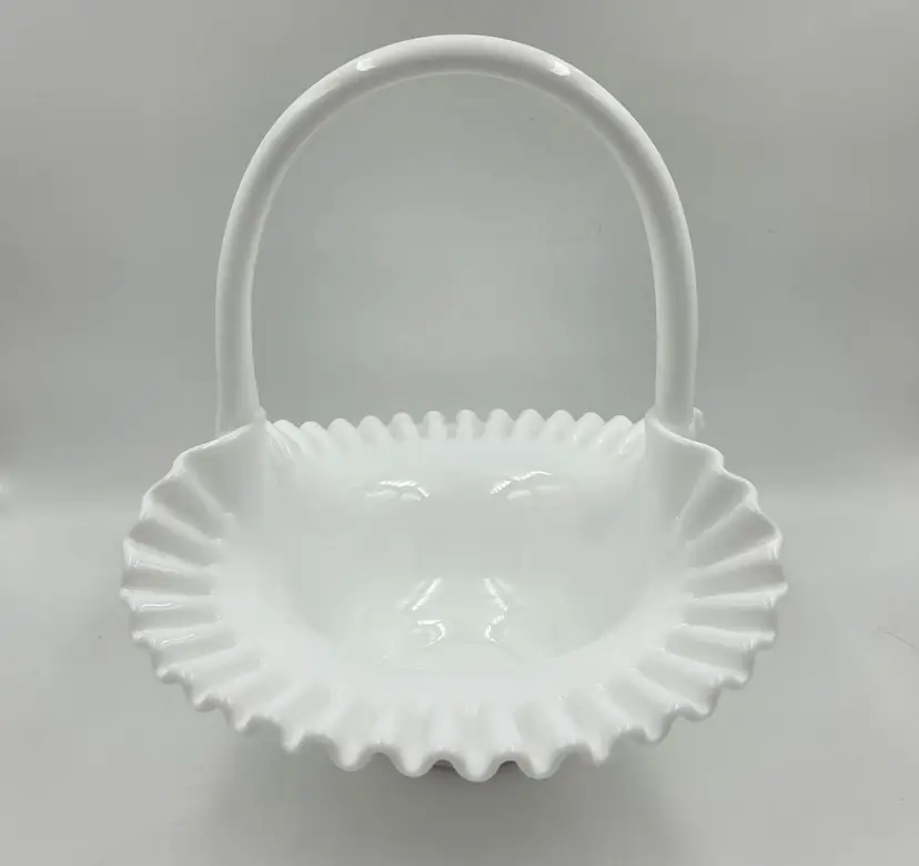 Fenton Hobnail Milk Glass Handled Basket #389/3830 White Vintage USA 9" x 10"