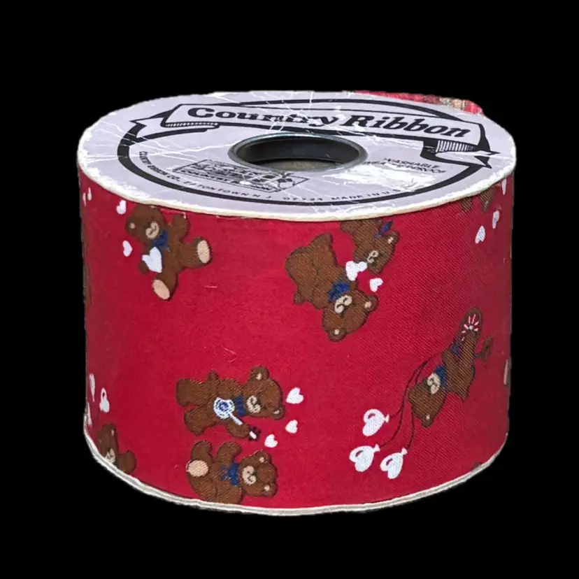Vintage Teddy Bear Heart Red Fabric Ribbon Valentines Day Whimsical Romance Twee