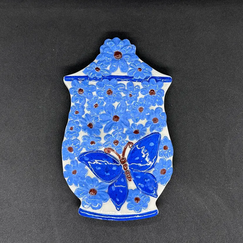 Vintage 70's Handmade Ceramic Pottery Spoon Rest Flowers Butterfly Kitschy Retro Cottagecore