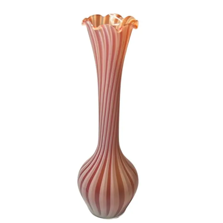 Vintage Crimped Flare Rim Bud Vase, Swirled With Burnt Orange & White And A Clear Smooth Bottom.