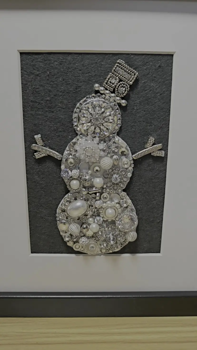 Handmade Vintage Jewelry Snowman Art • Framed Winter Wall Décor •