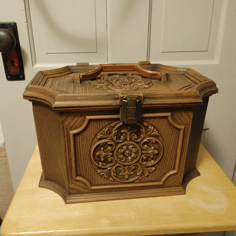 Vintage Max Klein Faux Wood Sewing Box with contents. Made of plastic.