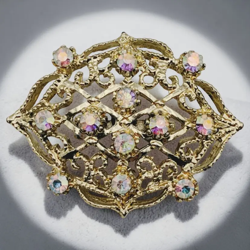 AB Aurora Borealis Gold tone Filigree Snowflake Vtg MCM Pin Brooch Estate Glam