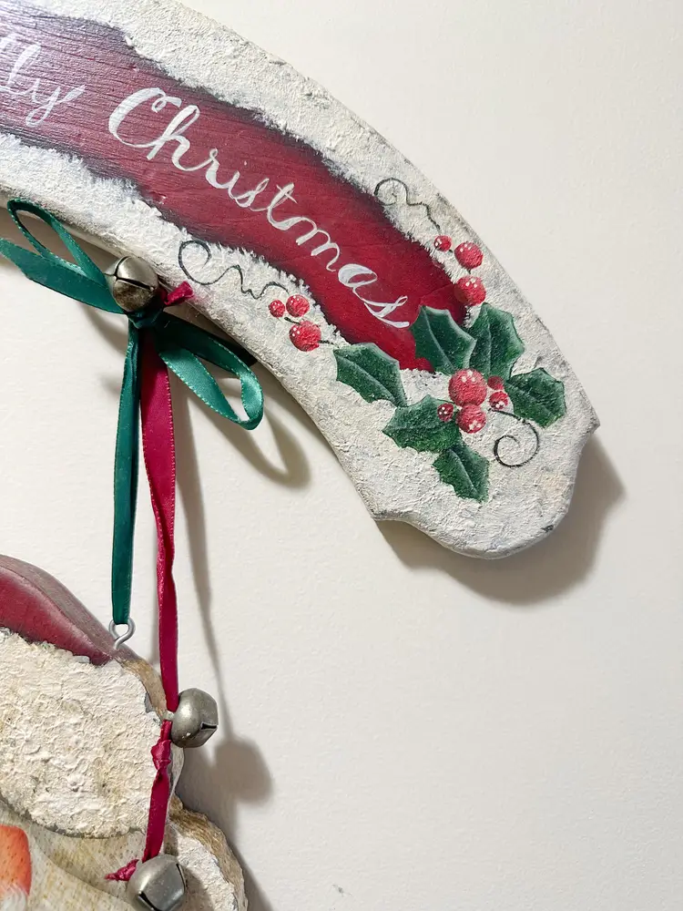 Vintage Handmade Wooden Santa Sign Holly Christmas Hand Painted Kitsch Kitschy Wood