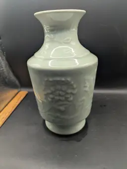 Vintage Korean Celadon Crysanthemum Design 9.75" Vase.
