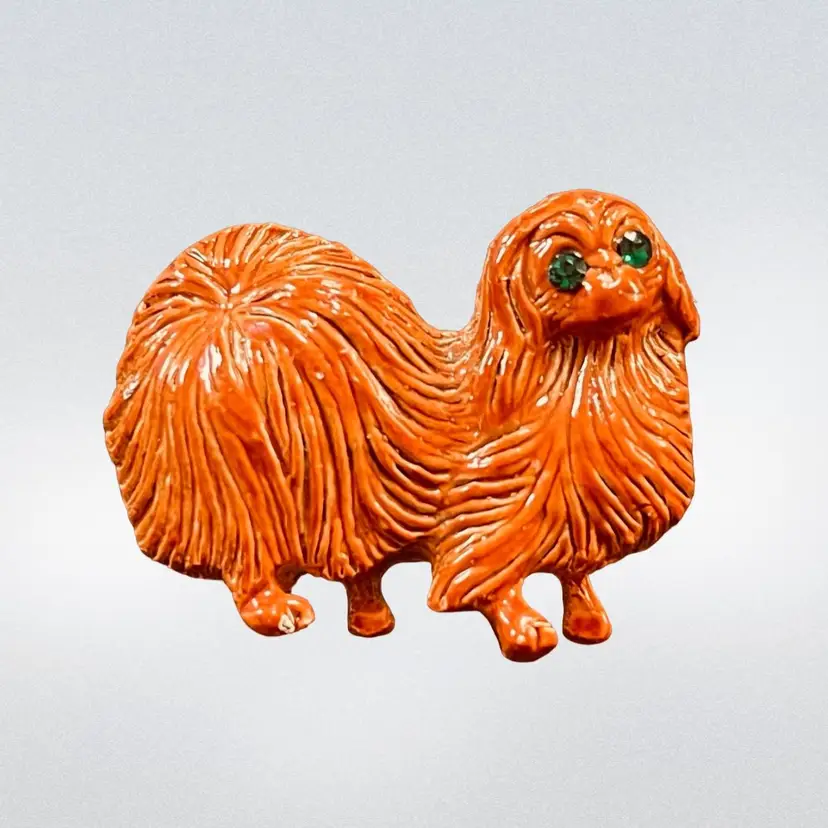 Vintage Gerry’s Dog Brooch Pin Pekingese Green Jeweled Eyes